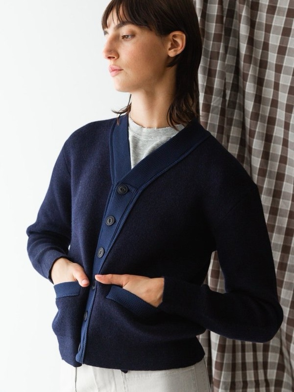 Caron Callahan Anny Cardigan Olive Knitted Felt Wool Sweater Tonal Trim Boxy Fit
